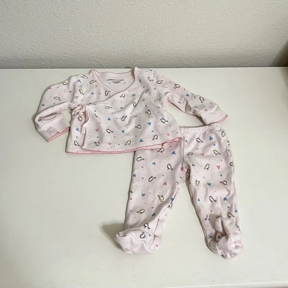 Janie and Jack Pink Bird Heart Kimono Top Footed Pants Set Baby Girl 3-6 Months